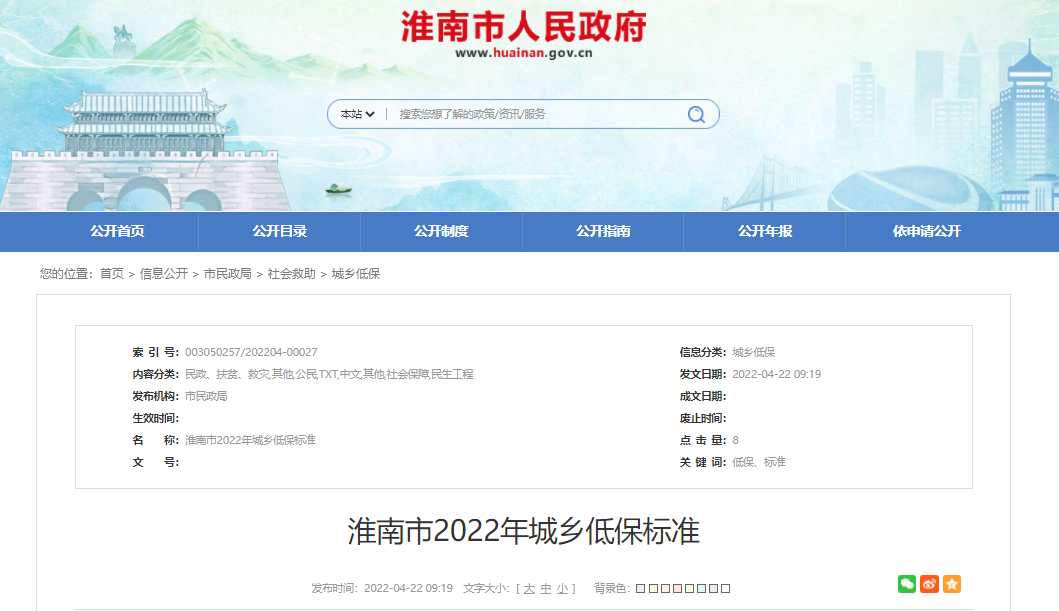 淮南市2022年城鄉低保標準