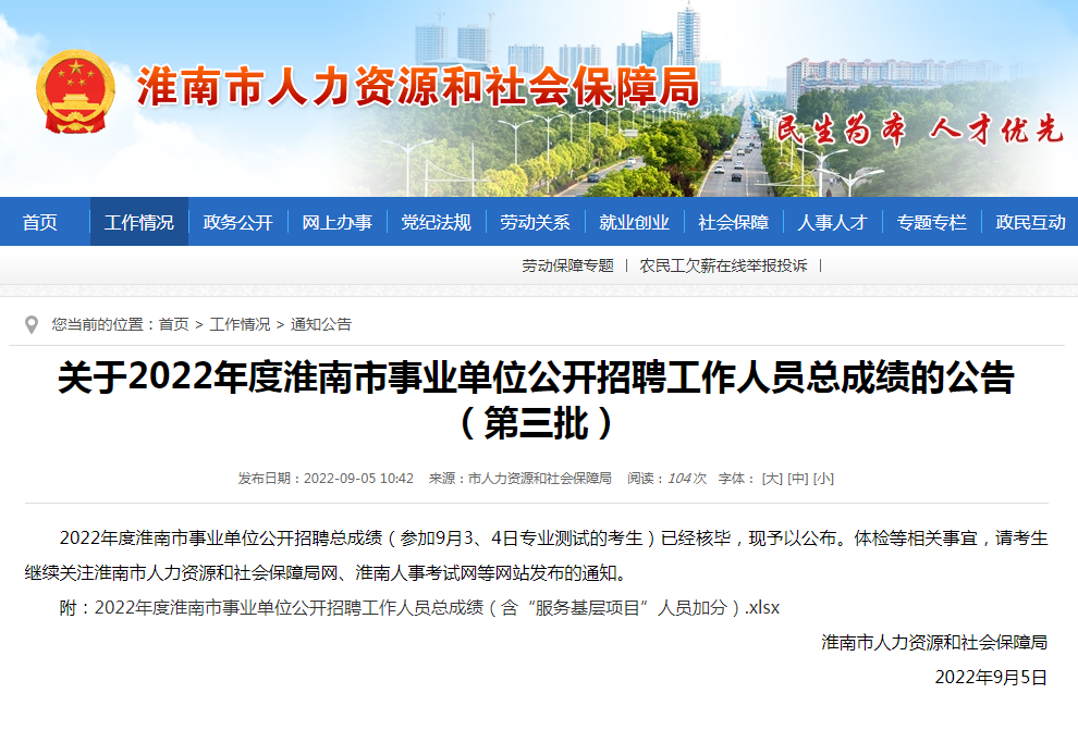 淮南市事業(yè)單位公開(kāi)招聘工作人員總成績(jì)的公告（第三批）